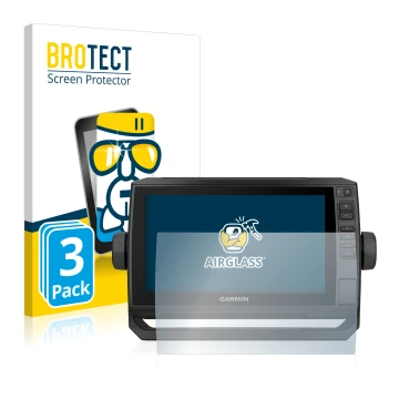 Parte frontal de un envase de producto con el logotipo de la marca BROTECT. Al lado se muestra el dispositivo Garmin ECHOMAP U