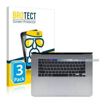 Parte frontal de un envase de producto con el logotipo de la marca BROTECT. Al lado se muestra el dispositivo Apple MacBook Pr