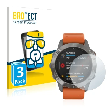 Parte frontal de un envase de producto con el logotipo de la marca BROTECT. Al lado se muestra el dispositivo Garmin Fenix 6 c