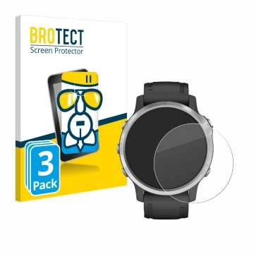 Parte frontal de un envase de producto con el logotipo de la marca BROTECT. Al lado se muestra el dispositivo Garmin Fenix 6S 