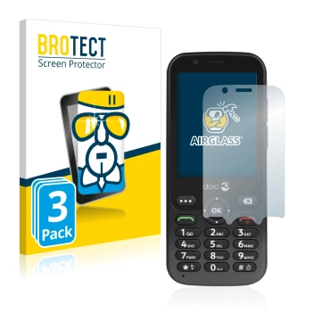 Parte frontal de un envase de producto con el logotipo de la marca BROTECT. Al lado se muestra el dispositivo Doro 7010 con su