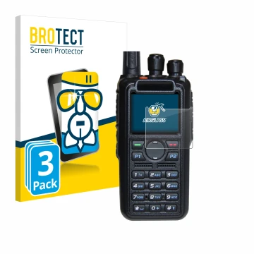 Parte frontal de un envase de producto con el logotipo de la marca BROTECT. Al lado se muestra el dispositivo AnyTone AT-D878U