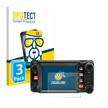 Parte frontal de un envase de producto con el logotipo de la marca BROTECT. Al lado se muestra el dispositivo Yaesu FTM-400XDR