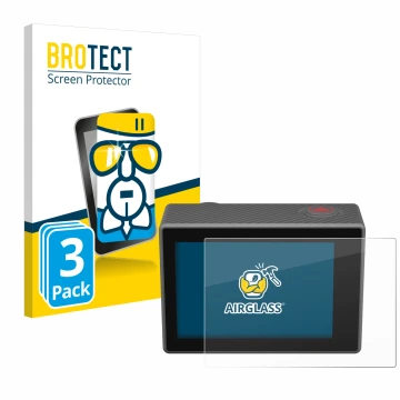 Parte frontal de un envase de producto con el logotipo de la marca BROTECT. Al lado se muestra el dispositivo Akaso V50 Elite 