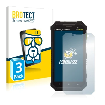 Parte frontal de un envase de producto con el logotipo de la marca BROTECT. Al lado se muestra el dispositivo SkyCaddie SX500 