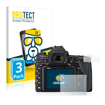 Parte frontal de un envase de producto con el logotipo de la marca BROTECT. Al lado se muestra el dispositivo Nikon D780 con s