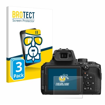 Parte frontal de un envase de producto con el logotipo de la marca BROTECT. Al lado se muestra el dispositivo Nikon Coolpix P9