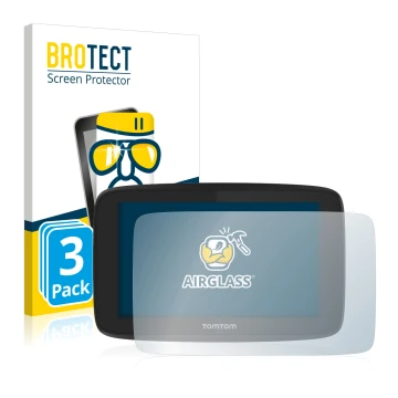 Parte frontal de un envase de producto con el logotipo de la marca BROTECT. Al lado se muestra el dispositivo TomTom Go Profes