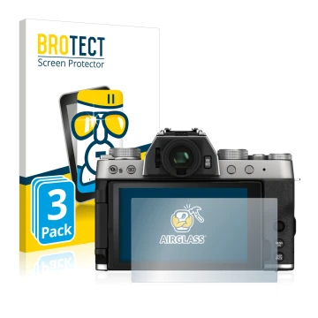 Parte frontal de un envase de producto con el logotipo de la marca BROTECT. Al lado se muestra el dispositivo Fujifilm X-T200 