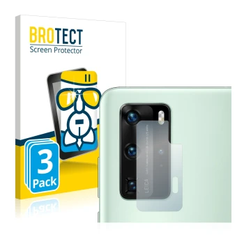 Parte frontal de un envase de producto con el logotipo de la marca BROTECT. Al lado se muestra el dispositivo Huawei P40 Pro (