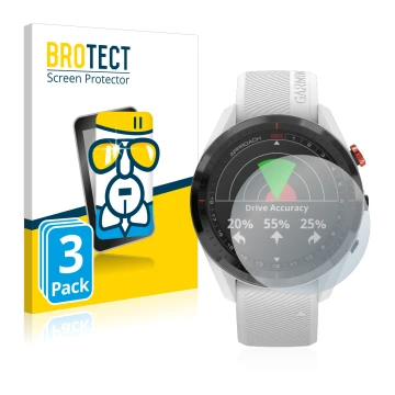 Parte frontal de un envase de producto con el logotipo de la marca BROTECT. Al lado se muestra el dispositivo Garmin Approach 