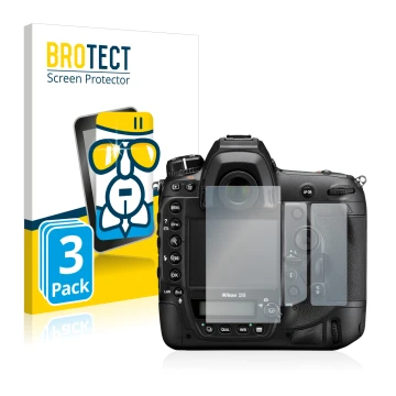 Parte frontal de un envase de producto con el logotipo de la marca BROTECT. Al lado se muestra el dispositivo Nikon D6 con su 