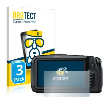 Parte frontal de un envase de producto con el logotipo de la marca BROTECT. Al lado se muestra el dispositivo Blackmagic Pocke