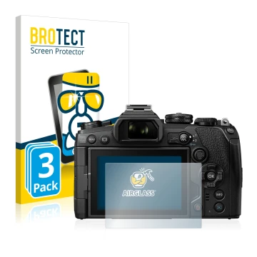 Parte frontal de un envase de producto con el logotipo de la marca BROTECT. Al lado se muestra el dispositivo Olympus OM-D E-M