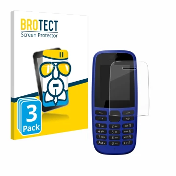 Parte frontal de un envase de producto con el logotipo de la marca BROTECT. Al lado se muestra el dispositivo Nokia 105 DS 201