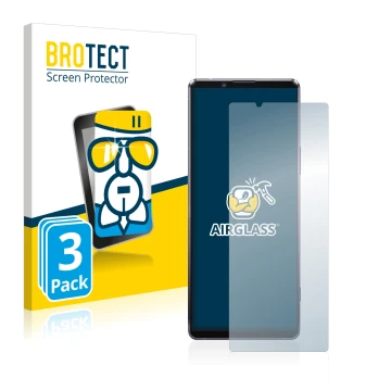 Parte frontal de un envase de producto con el logotipo de la marca BROTECT. Al lado se muestra el dispositivo Sony Xperia 1 II