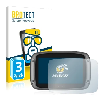 Parte frontal de un envase de producto con el logotipo de la marca BROTECT. Al lado se muestra el dispositivo TomTom Rider 50 