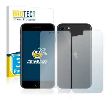 Parte frontal de un envase de producto con el logotipo de la marca BROTECT. Al lado se muestra el dispositivo Apple iPhone SE 