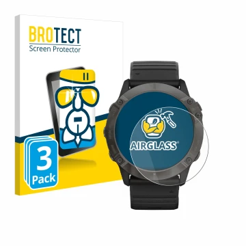 Parte frontal de un envase de producto con el logotipo de la marca BROTECT. Al lado se muestra el dispositivo Garmin Fenix 6X 