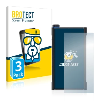 Parte frontal de un envase de producto con el logotipo de la marca BROTECT. Al lado se muestra el dispositivo FiiO M15 con su 