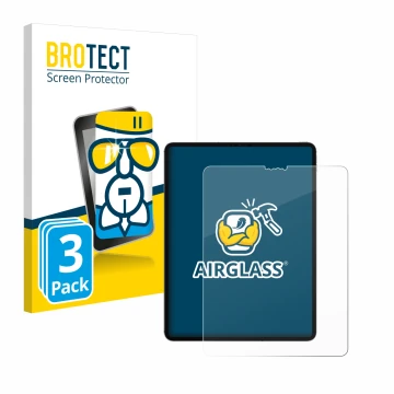 Parte frontal de un envase de producto con el logotipo de la marca BROTECT. Al lado se muestra el dispositivo Apple iPad 12.9