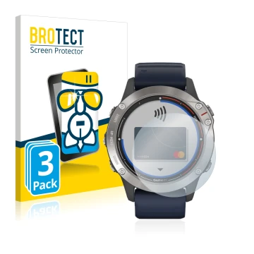 Parte frontal de un envase de producto con el logotipo de la marca BROTECT. Al lado se muestra el dispositivo Garmin quatix 6 