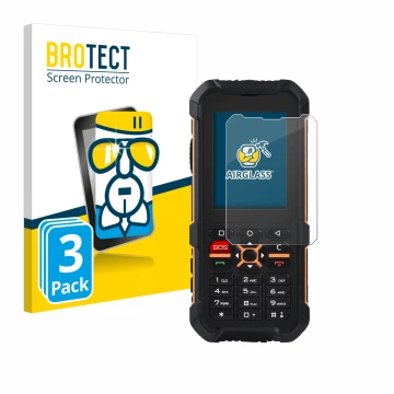 Parte frontal de un envase de producto con el logotipo de la marca BROTECT. Al lado se muestra el dispositivo RugGear RG170 co