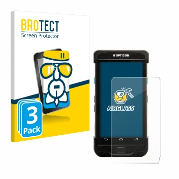 Parte frontal de un envase de producto con el logotipo de la marca BROTECT. Al lado se muestra el dispositivo Opticon H-31 con