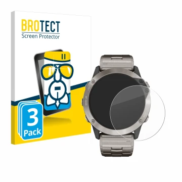 Parte frontal de un envase de producto con el logotipo de la marca BROTECT. Al lado se muestra el dispositivo Garmin quatix 6x