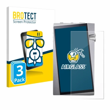 Parte frontal de un envase de producto con el logotipo de la marca BROTECT. Al lado se muestra el dispositivo Astell&Kern A&no