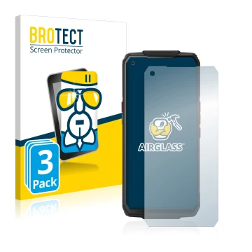 Parte frontal de un envase de producto con el logotipo de la marca BROTECT. Al lado se muestra el dispositivo Oukitel WP7 con 