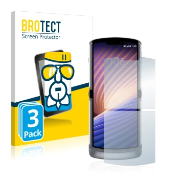 Parte frontal de un envase de producto con el logotipo de la marca BROTECT. Al lado se muestra el dispositivo Motorola Razr 5G