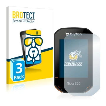 Parte frontal de un envase de producto con el logotipo de la marca BROTECT. Al lado se muestra el dispositivo Bryton Rider 320