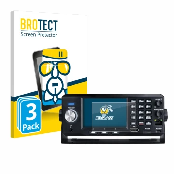 Parte frontal de un envase de producto con el logotipo de la marca BROTECT. Al lado se muestra el dispositivo Uniden SDS200E c