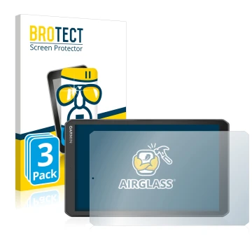 Parte frontal de un envase de producto con el logotipo de la marca BROTECT. Al lado se muestra el dispositivo Garmin Camper 89