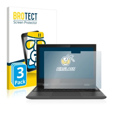 Parte frontal de un envase de producto con el logotipo de la marca BROTECT. Al lado se muestra el dispositivo Lenovo 300e (2da