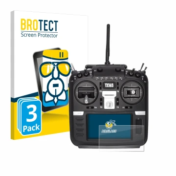 Parte frontal de un envase de producto con el logotipo de la marca BROTECT. Al lado se muestra el dispositivo Radiomaster TX16