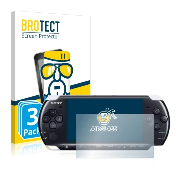 Parte frontal de un envase de producto con el logotipo de la marca BROTECT. Al lado se muestra el dispositivo Sony PSP 3003 co