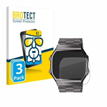 Parte frontal de un envase de producto con el logotipo de la marca BROTECT. Al lado se muestra el dispositivo Casio A168WEGG-1