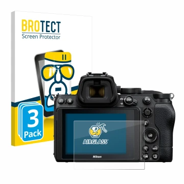 Parte frontal de un envase de producto con el logotipo de la marca BROTECT. Al lado se muestra el dispositivo Nikon Z 5 con su