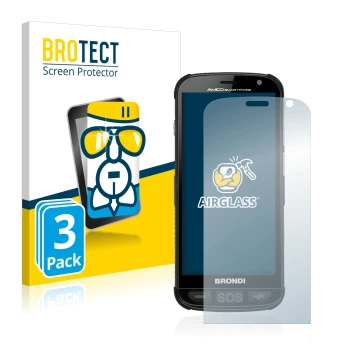 Parte frontal de un envase de producto con el logotipo de la marca BROTECT. Al lado se muestra el dispositivo Brondi Amico con