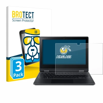 Parte frontal de un envase de producto con el logotipo de la marca BROTECT. Al lado se muestra el dispositivo Acer TravelMate 