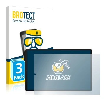 Parte frontal de un envase de producto con el logotipo de la marca BROTECT. Al lado se muestra el dispositivo Lenovo Tab M10 F