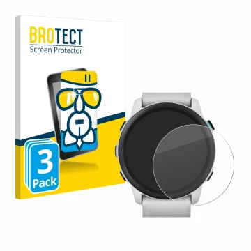 Parte frontal de un envase de producto con el logotipo de la marca BROTECT. Al lado se muestra el dispositivo Garmin Forerunne