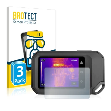 Parte frontal de un envase de producto con el logotipo de la marca BROTECT. Al lado se muestra el dispositivo Flir C5 con su p