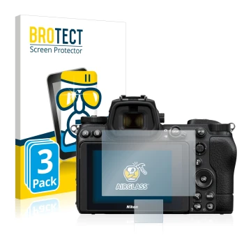 Parte frontal de un envase de producto con el logotipo de la marca BROTECT. Al lado se muestra el dispositivo Nikon Z 7 II con