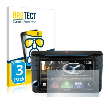 Parte frontal de un envase de producto con el logotipo de la marca BROTECT. Al lado se muestra el dispositivo Kenwood DNX518VD