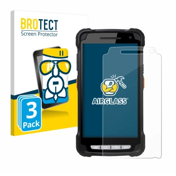 Parte frontal de un envase de producto con el logotipo de la marca BROTECT. Al lado se muestra el dispositivo Point Mobile PM9