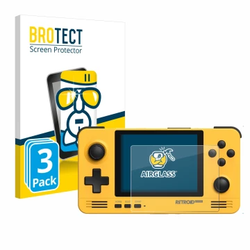 Parte frontal de un envase de producto con el logotipo de la marca BROTECT. Al lado se muestra el dispositivo Retroid Pocket 2