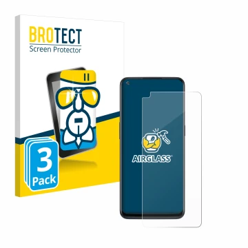 Parte frontal de un envase de producto con el logotipo de la marca BROTECT. Al lado se muestra el dispositivo OnePlus Nord N10